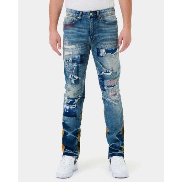 NWT First Row Vandalize Ripped And Stitched Straight Slim Men’s Jeans Size 38/32 - Picture 2 of 15